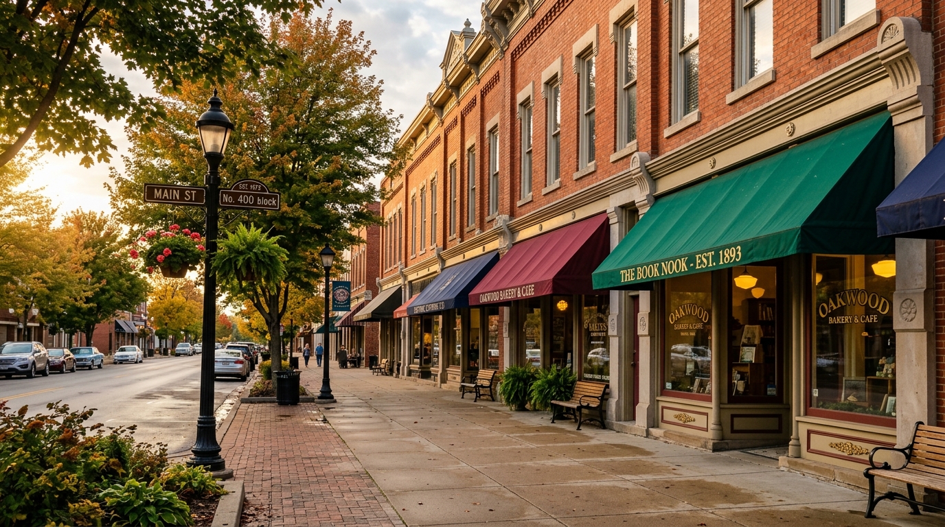 Picturesque historic Livingston County Main Street with vibrant brick storefronts