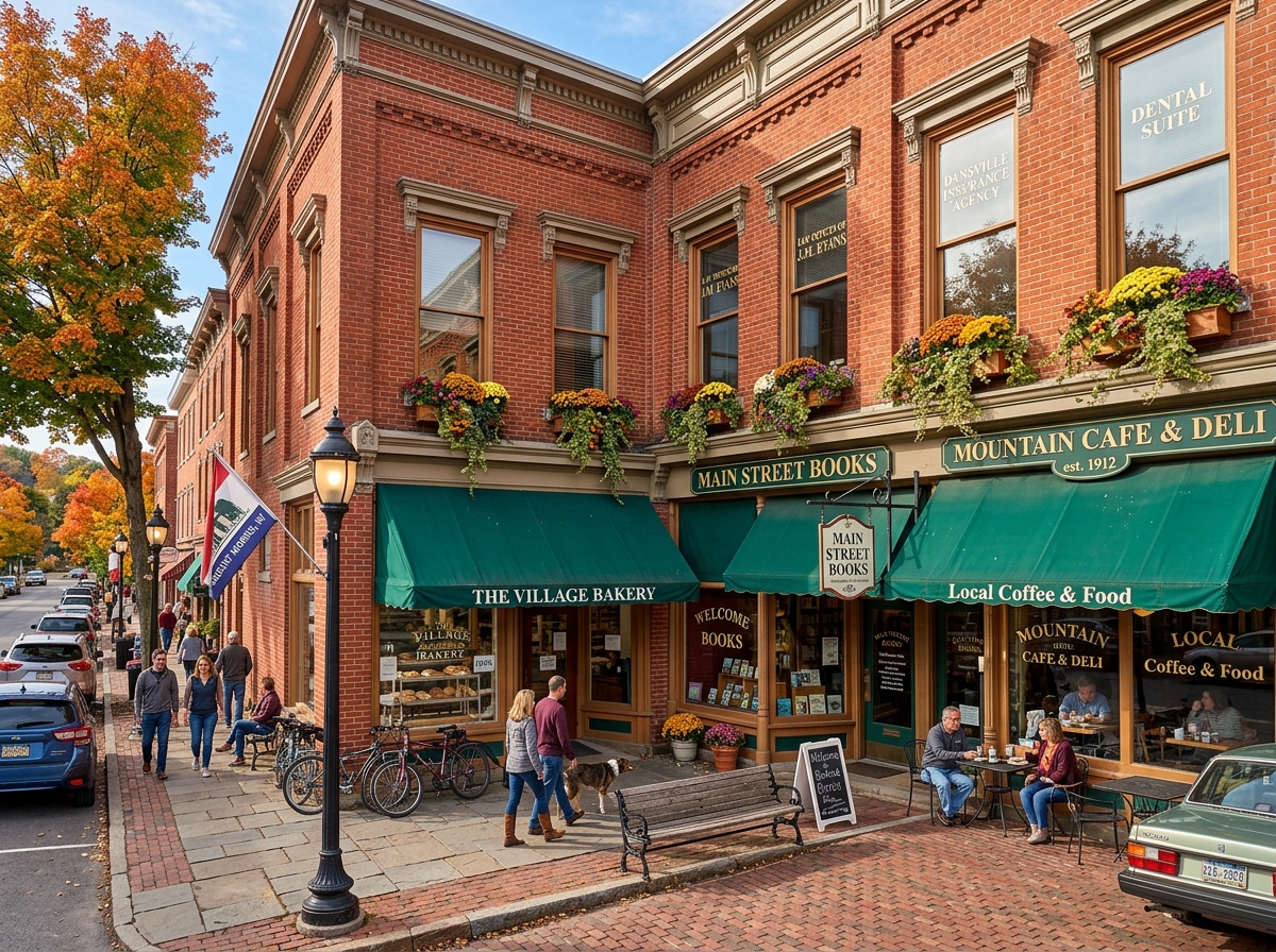 Main Street storefronts with bakeries, cafes, and books in Dansville NY